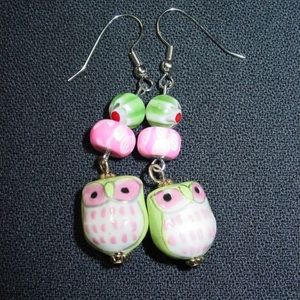Little Pink and Green Owls Handmade Earrings